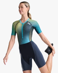 2XU Aero Trisuit Korte Mouw Blauw/groen Dames -Craft Winkel 2xu trisuit aero sleeved wt6431d idk wht 006